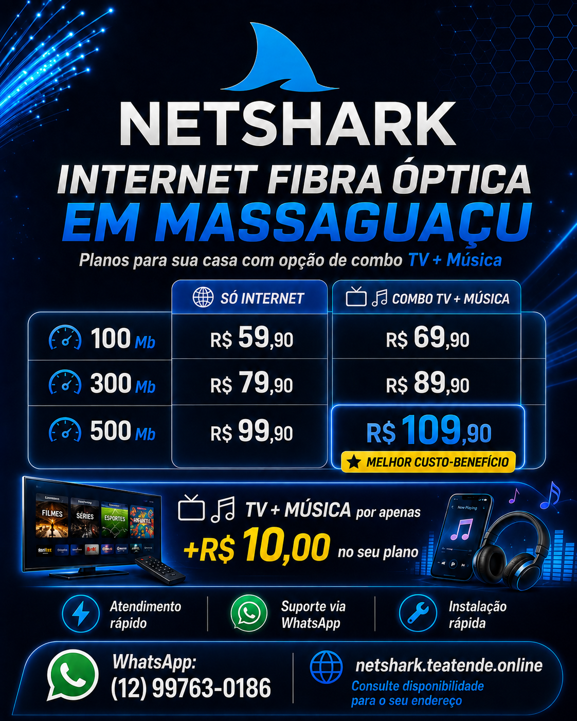 Flyer NetShark com planos de internet fibra óptica em Massaguaçu